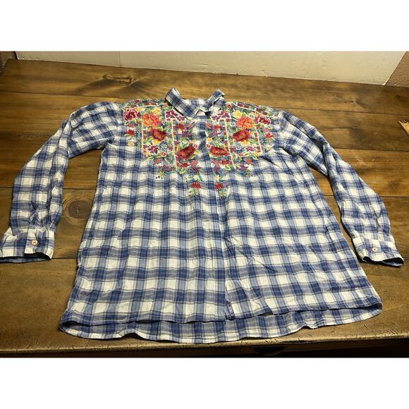 Johnny Was J3 Workshop Button Up Embroidered Floral Plaid Blouse Small - Picture 1 of 11